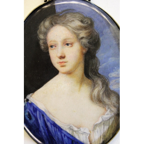 1154 - Nicholas Dixon, late 17th Century watercolour miniature portrait on vellum, portrait of a lady, hous... 