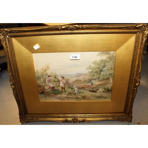 1158 - After Myles Birkett Foster, watercolour, children in a landscape, bearing monogram, 24cms x 34cms, t... 