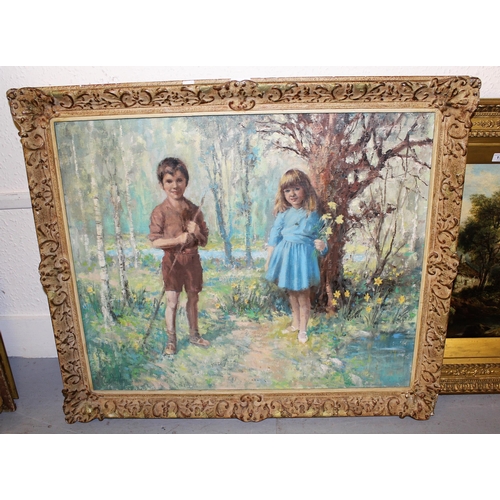 1160 - 20th Century oil on canvas applied to board, study of a young boy and girl in a woodland with daffod... 