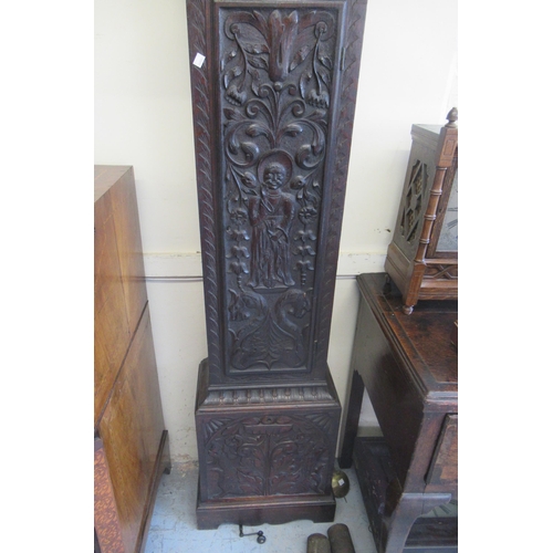 1236 - Carved oak longcase clock, late 17th / early 18th Century and later, the square hood above a rectang... 