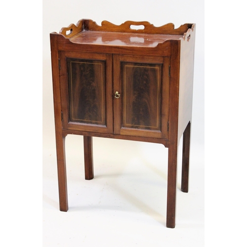 1257 - Mahogany tray top side cabinet with two panelled doors and inlaid decoration on square chamfered sup... 