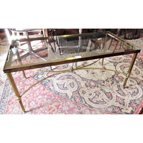 1259 - Rectangular 20th Century brass and glass inset coffee table on reeded supports with crossover stretc... 