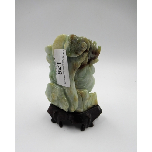 128 - Small 20th Century celadon jade figure of a standing Buddha, 9cm high with hardwood stand