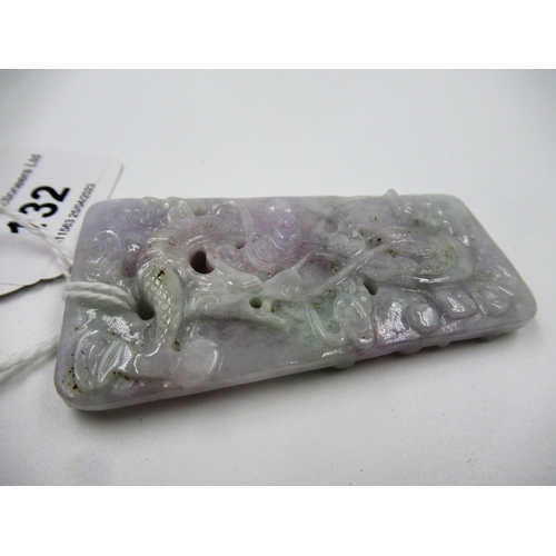 132 - Small 20th Century pink / green jade pendant, carved with dragons to either side, 68mm x 38mm