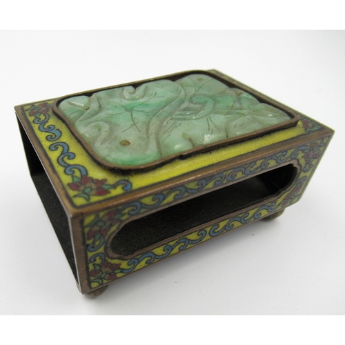 139 - Chinese gilt metal cloisonne and jade inset matchbox cover, 6cm wide