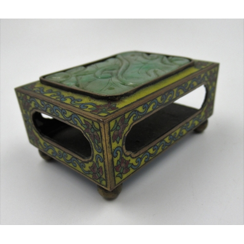 139 - Chinese gilt metal cloisonne and jade inset matchbox cover, 6cm wide