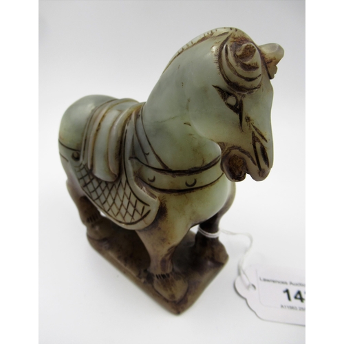 143 - 20th Century green mottled jadeite figure of a horse, 12cm x 12.5cm approximately