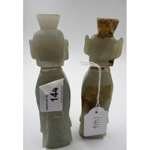 144 - Pair of 20th Century pale carved jade figures of immortals, 14cm high approximately