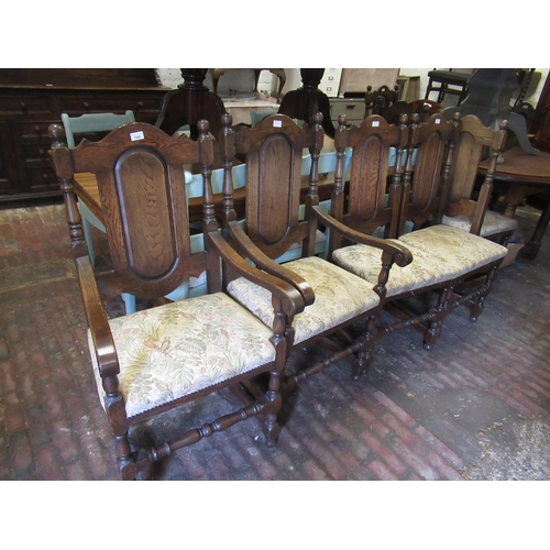 1543 - Good quality reproduction oak dining room suite comprising:  set of eight (six plus two) dining chai... 