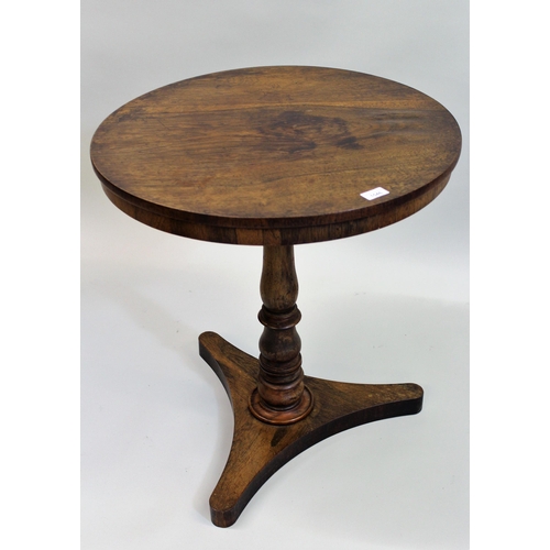 1546 - 19th Century rosewood circular pedestal table on triform base (at fault), 67cms high x 62cms diamete... 