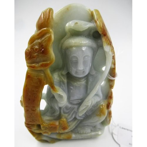 155 - 20th Century carved two colour celadon / rust jade figure of a seated immortal, 10cm high overall