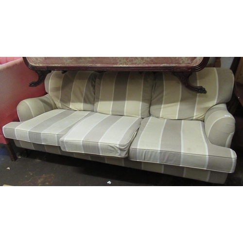 1550 - Modern Victorian style three seat sofa, upholstered in contemporary beige stripe fabric on turned fr... 