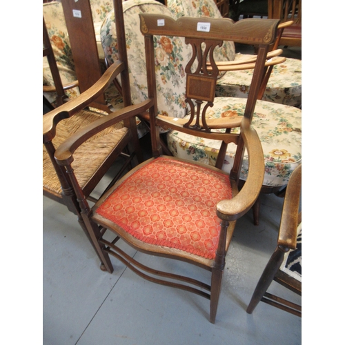 1558 - Edwardian mahogany and inlaid open arm drawing room chair, on turned and square tapering front suppo... 