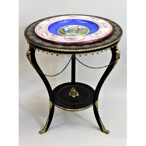 1559B - 19th Century Continental brass and mother of pearl inlaid ebonised circular table, having porcelain ... 