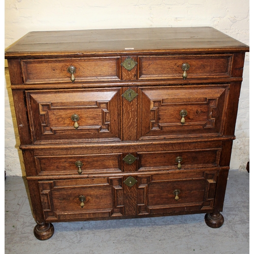 1563 - 18th Century oak two part chest of four long drawers, with geometric moulded fronts (handles replace... 