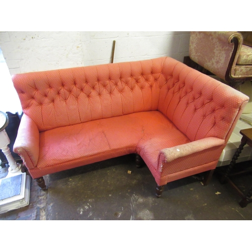 1564 - Late 19th Century / early 20th Century large pink upholstered corner sofa, waiting room bench with b... 