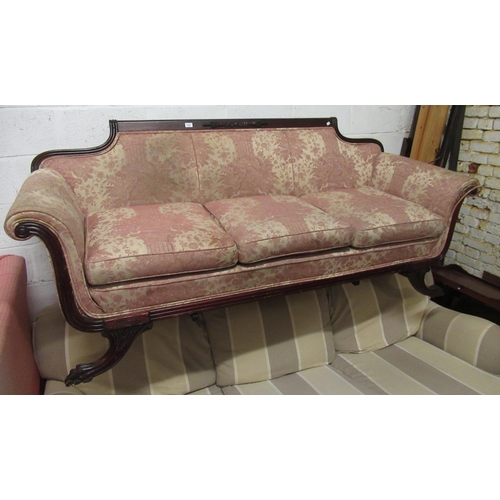 1567 - 20th Century Regency style mahogany three seat sofa, with carved reeded back rail on carved claw fro... 