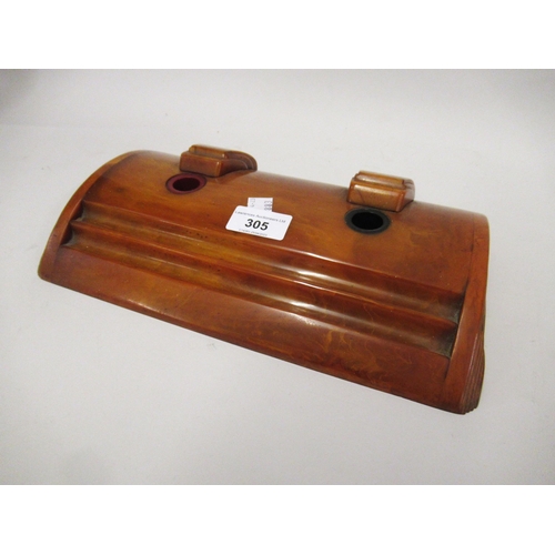 305 - Art Deco Caryacraft orange Bakelite two bottle ink / pen stand, 29cms wide