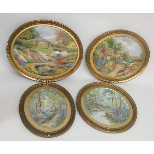 35 - Pair of early 20th Century oval gilt framed silkwork pictures, rural scenes, 20cms x 26cms approxima... 
