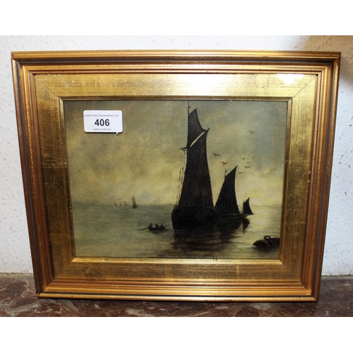 406 - Rectangular painting on porcelain, shipping scene, 17cm x 23cm, gilt framed