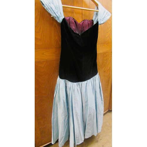 42 - Pale blue taffeta and black velvet evening gown, circa 1980's and a pale green sleeveless dress with... 