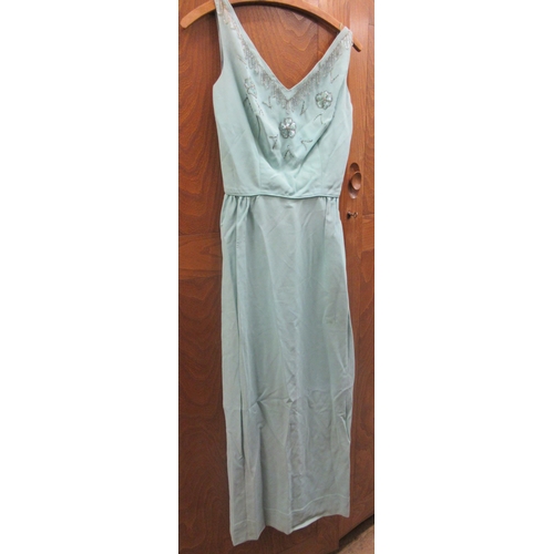 42 - Pale blue taffeta and black velvet evening gown, circa 1980's and a pale green sleeveless dress with... 