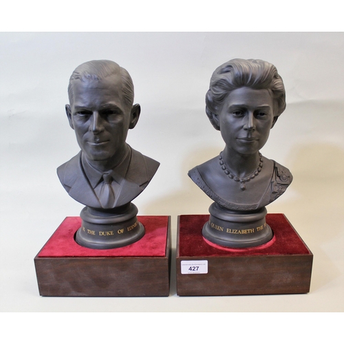 427 - Royal Doulton boxed pair of black basalt Limited Edition busts of Queen Elizabeth II and the Duke of... 