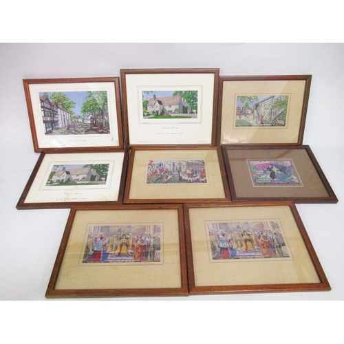 43 - Eight small framed 1950's machine woven silk pictures, including the Coronation, Sulgrave Manor etc.