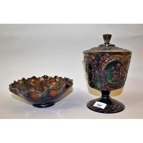 434 - Fenton USA glass lustre bowl of foliate design, together with a similar pedestal cup and cover