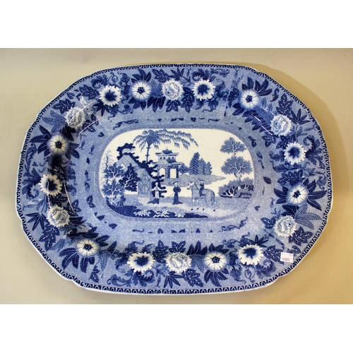 447 - 19th Century Rogers blue and white transfer printed meat dish decorated with oriental landscape patt... 