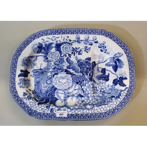 447 - 19th Century Rogers blue and white transfer printed meat dish decorated with oriental landscape patt... 