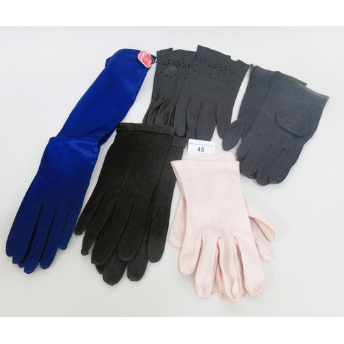 45 - Pair of ladies French blue satin gloves together with sundry other ladies gloves