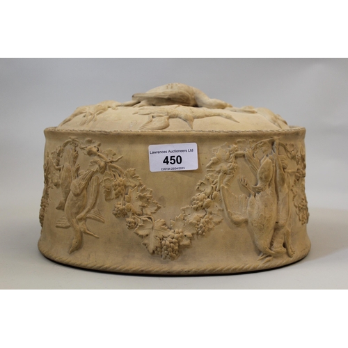 450 - 19th Century terracotta game pie dish with cover and liner, relief decorated with various game, 25cm... 