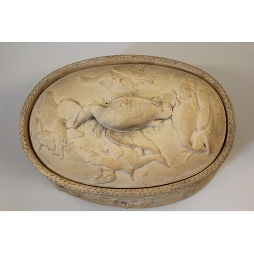 450 - 19th Century terracotta game pie dish with cover and liner, relief decorated with various game, 25cm... 