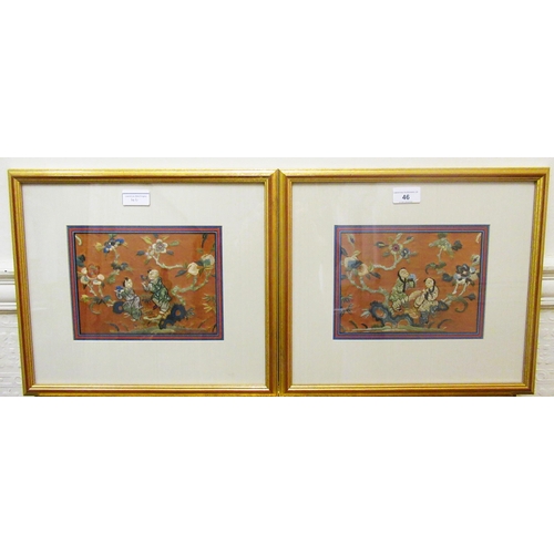 46 - Pair of 19th Century Chinese silk embroidered pictures of figures, 15cms x 20cms, gilt framed