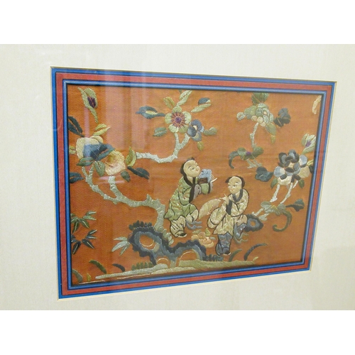 46 - Pair of 19th Century Chinese silk embroidered pictures of figures, 15cms x 20cms, gilt framed