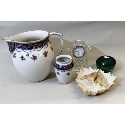 460 - Waterford glass mantel clock, 19th Century green glass dump weight, Worcester blush ivory dish and a... 