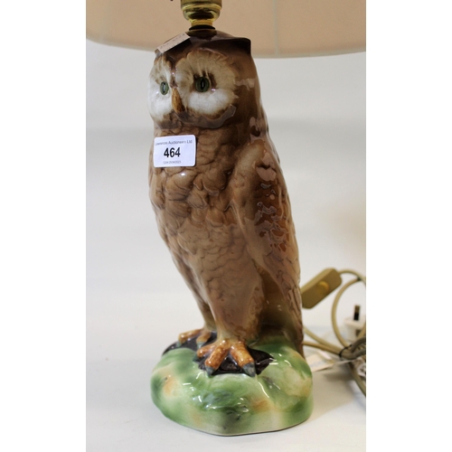 464 - Bretby pottery glazed lamp base, in the form of an owl with shade