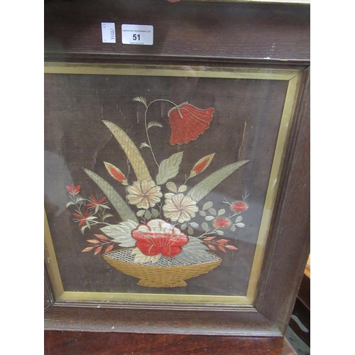 51 - Oak framed silkwork picture of a bowl of flowers (frame at fault), together with a pair of blue and ... 