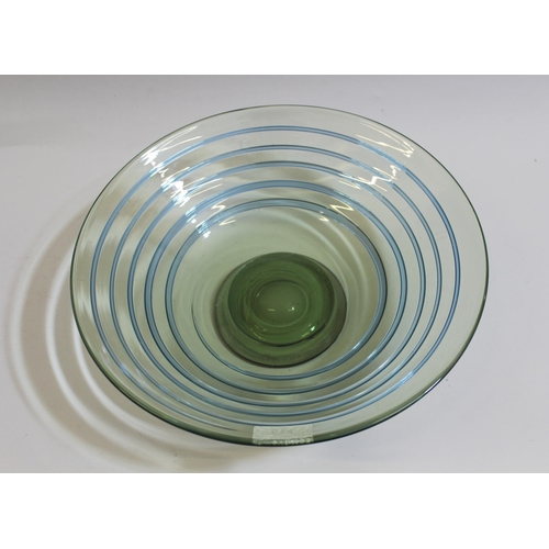 514 - Whitefriars glass pedestal fruit bowl with blue trailing glass decoration, 30cms diameter x 9cms hig... 