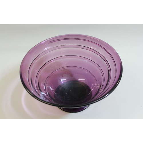 515 - Whitefriars mauve glass pedestal fruit bowl, with trailing glass decoration, 27cms diameter x 15cms ... 