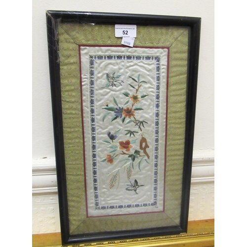 52 - Chinese floral and inset silkwork panel, framed, 34cms x 16cms