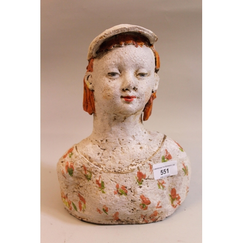 551 - 20th Century Continental stoneware bust of a child wearing cap, 27cms high