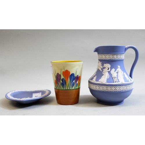 563 - Clarice Cliff Bizarre Crocus pattern beaker, 9.5cms high together with two items of Wedgwood Jasperw... 