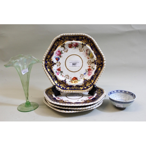 567 - Set of four 19th Century floral painted dessert plates, a green opalescent glass vase and a Chinese ... 