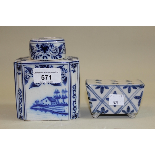 571 - Delft blue and white teapoy with cover, decorated with a river scene and landscape, together with a ... 