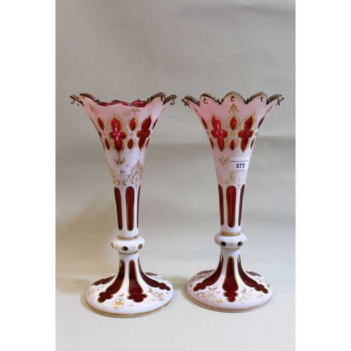 573 - Pair of 19th Century bohemian white overlaid ruby glass lustres (one at fault and minus drops) 31cms... 