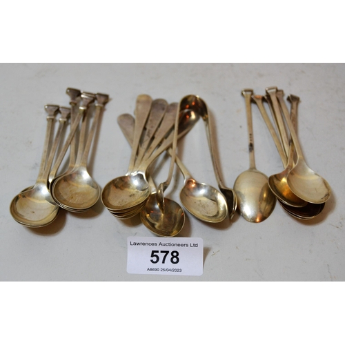 578 - Two sets of six silver seal top coffee spoons together with another set of silver coffee spoons with... 