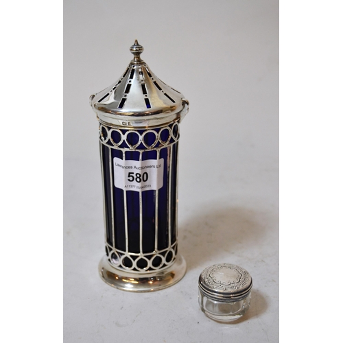 580 - Birmingham silver mounted blue glass sugar castor together with a small silver mounted glass pot