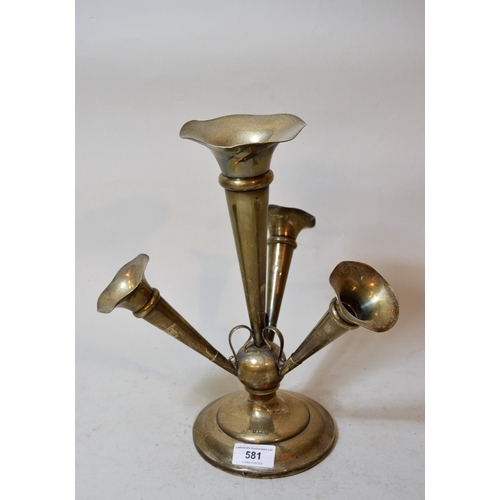 581 - Birmingham silver four stem epergne (damages), 30cms high with weighted base